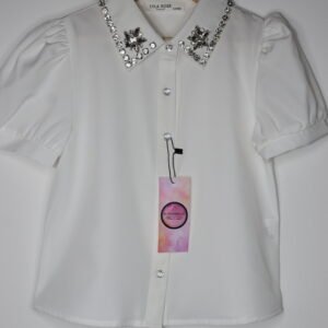 WHITE RHINESTONE COLLAR TOP SHIRT