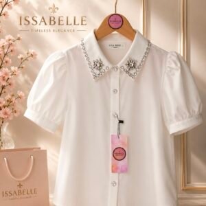 WHITE RHINESTONE COLLAR TOP SHIRT