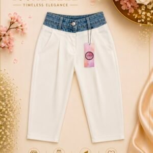 WHITE TROUSERS WITH DENIM WAISTBAND