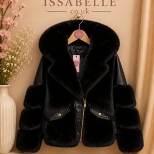 GIRL BLACK FAUX FUR HOODED COAT