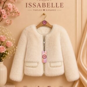 GIRL WHITE FAUX FUR COAT WITH PEARLS
