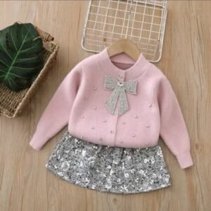 GIRL PINK KNIT OUTFIT SILVER BOW
