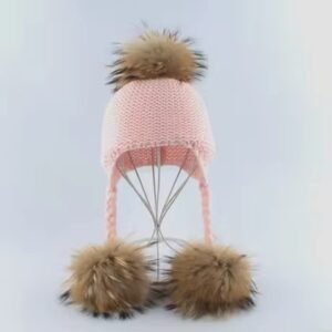 REAL FUR 3 POM POM PINK HAT