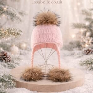 REAL FUR 3 POM POM PINK HAT