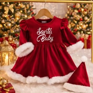 CHRISTMAS VELVET OUTFIT 2 PCS DRESS SANTA BABY