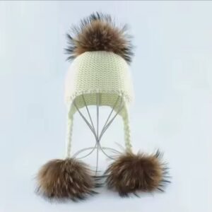 REAL FUR 3 POM POM WHITE HAT