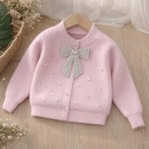 PINK KNIT CARDIGAN SILVER BOW