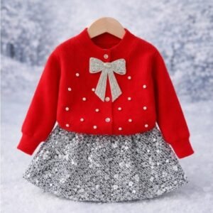 GIRL RED KNIT OUTFIT SILVER BOW