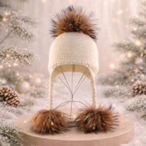 REAL FUR 3 POM POM WHITE HAT