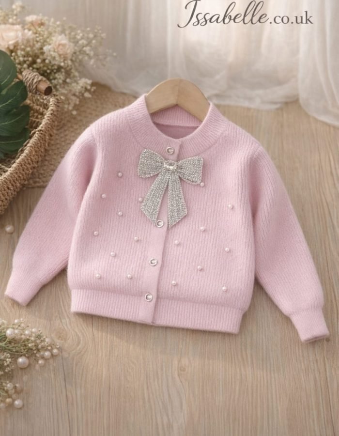 PINK KNIT CARDIGAN SILVER BOW