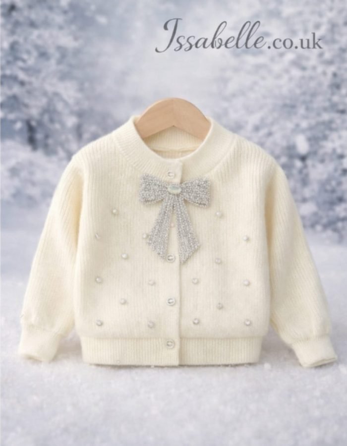 WHITE KNIT CARDIGAN SILVER BOW