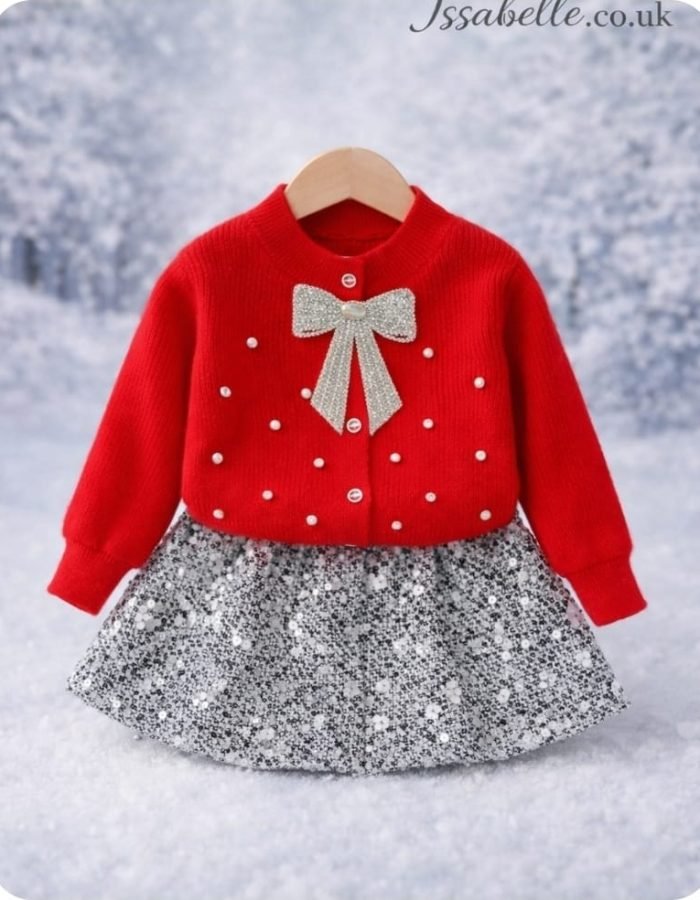 GIRL RED KNIT OUTFIT SILVER BOW