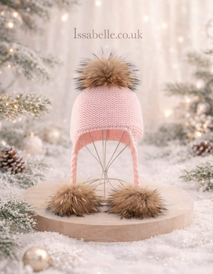 REAL FUR 3 POM POM PINK HAT
